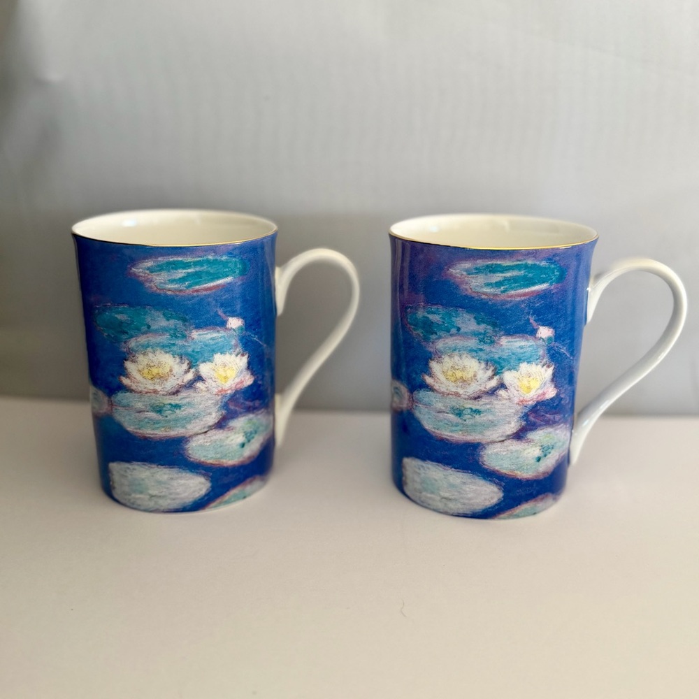 Set of 2 Stechcol Gracie Bone China Mugs "Claude Monet Water Lilies” NEW!! 12 oz